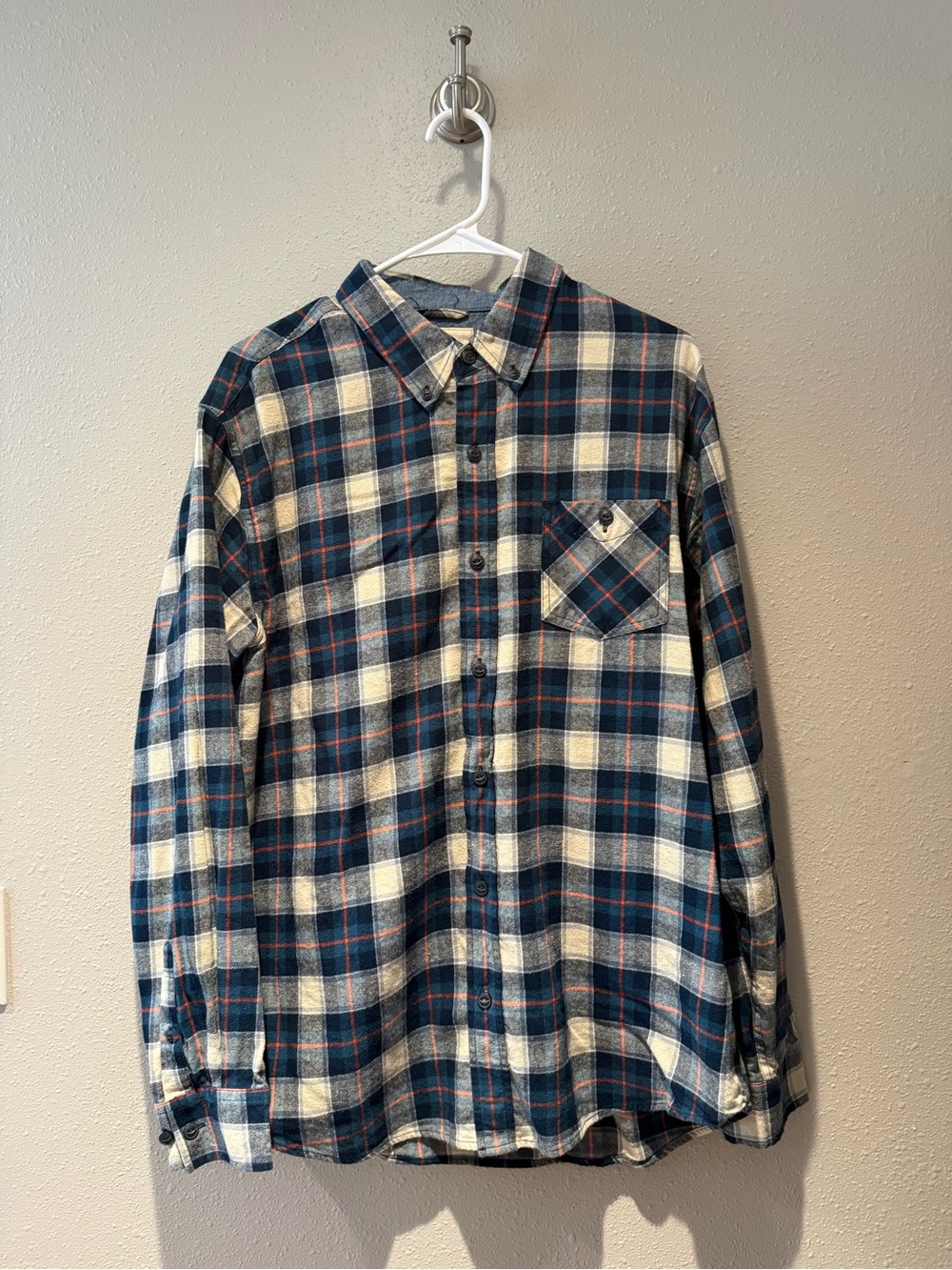 Weatherproof Mens Navy Blue Ivory Plaid Flannel Button Down Long Sleeve Shirt L